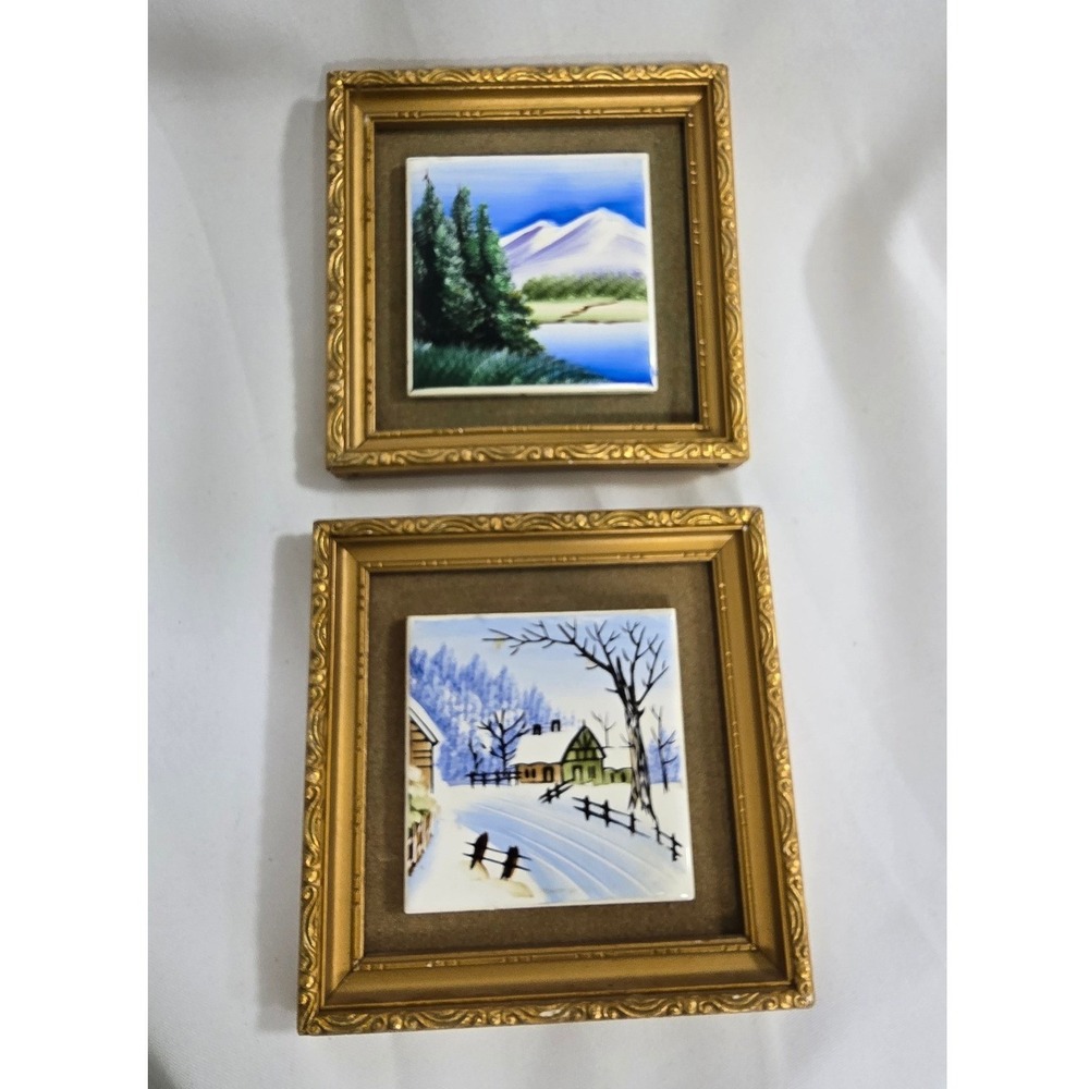 Vtg Ucago Japan hand painted framed tile picture MCM cottagecore 1950s Retro